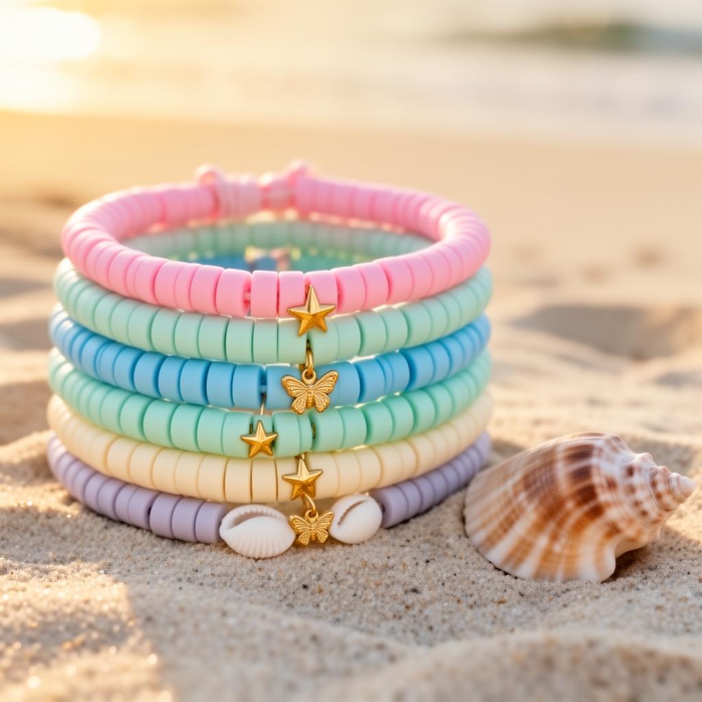 Pulseras hechas a mano de Bauble & Bloom apiladas en la arena con caracoles